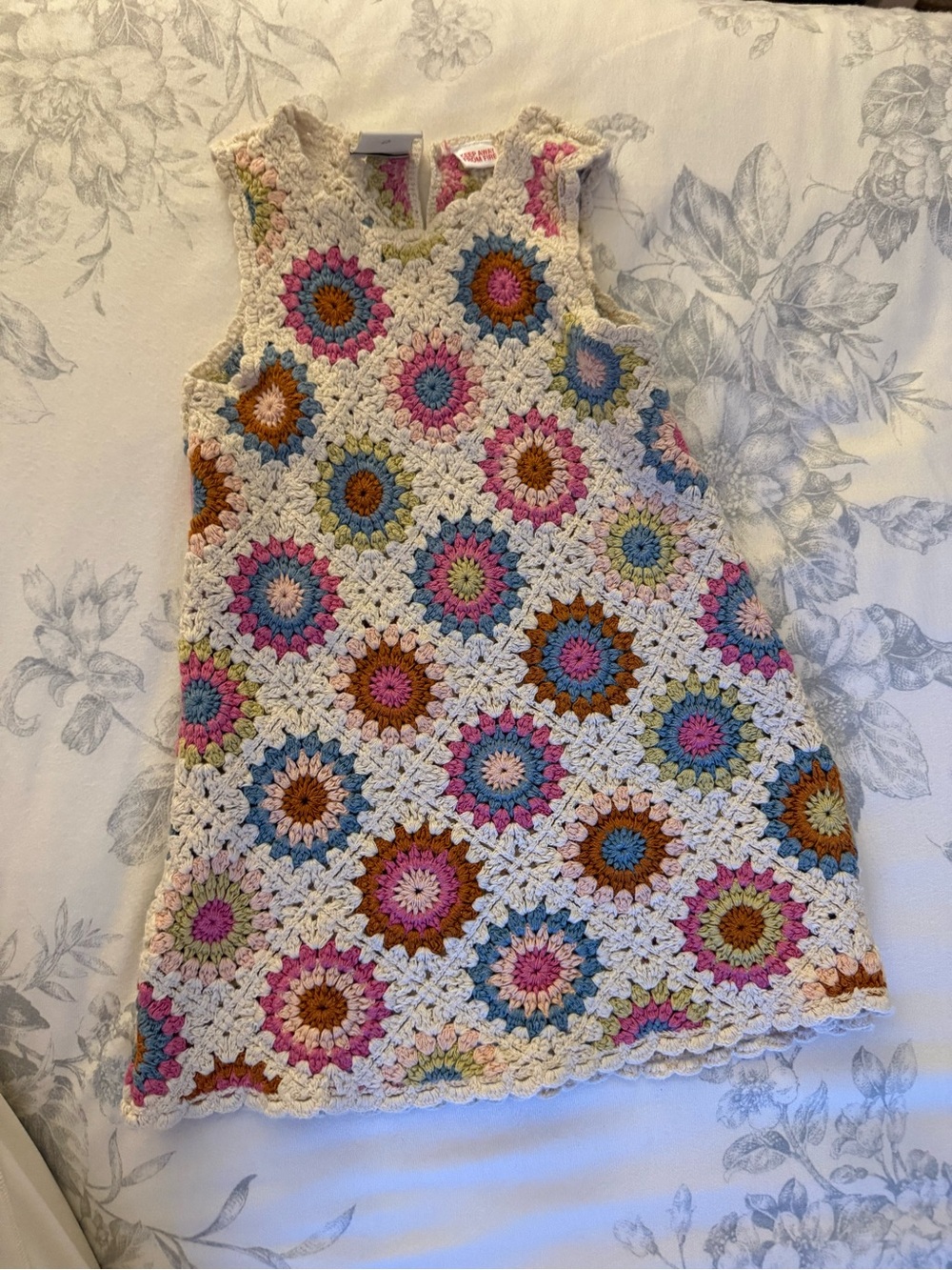 Zara Cream Crochet Tank Dress with Multicolor Sunburst Motifs